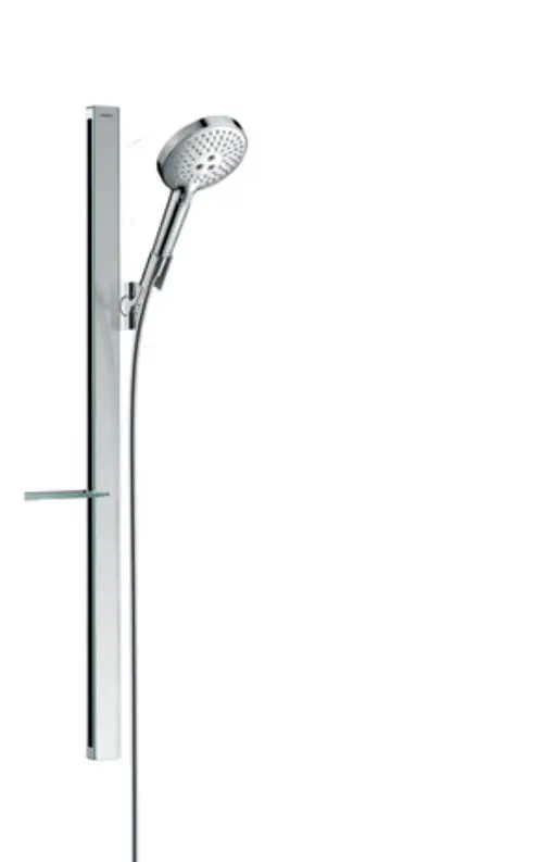 Hansgrohe Brauseset mit Handbrause und Wandhalterung, ausgestattet mit Ablagefläche. Schlichtes Design in Chrom.